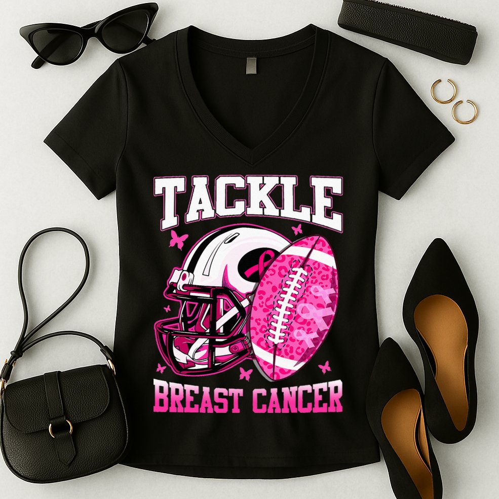 Tackle Breast Cancer Awareness Pink Ribbon Football Women's V-Neck T-Shirt