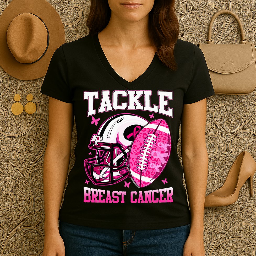 Tackle Breast Cancer Awareness Pink Ribbon Football Women's V-Neck T-Shirt