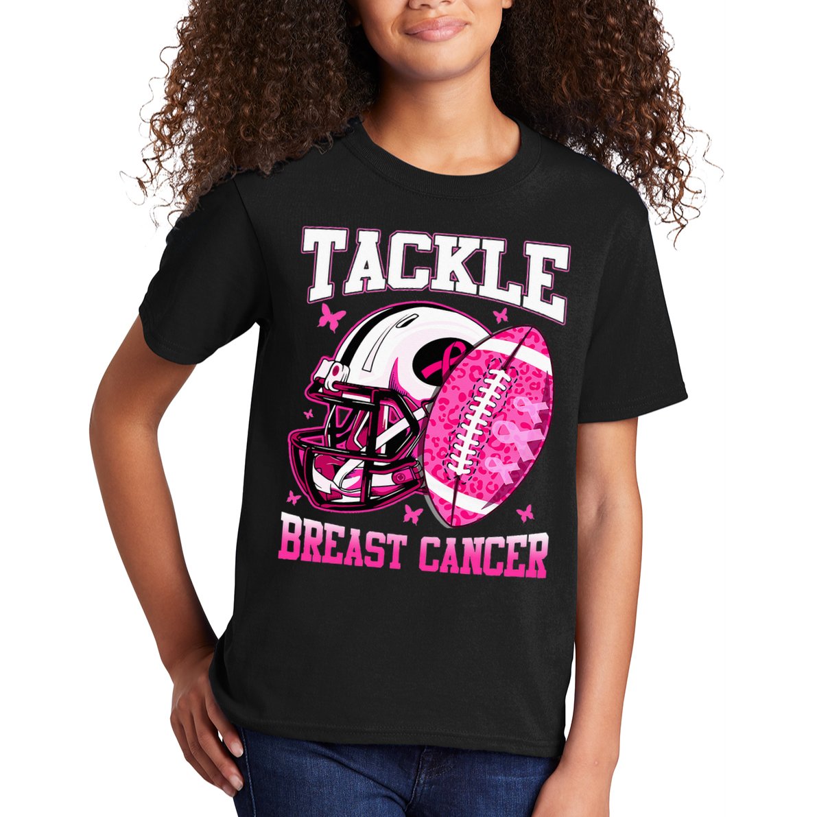 Tackle Breast Cancer Awareness Pink Ribbon Football Kids T-Shirt
