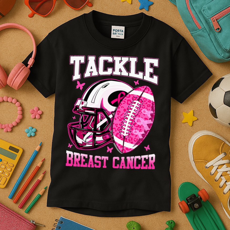 Tackle Breast Cancer Awareness Pink Ribbon Football Kids T-Shirt