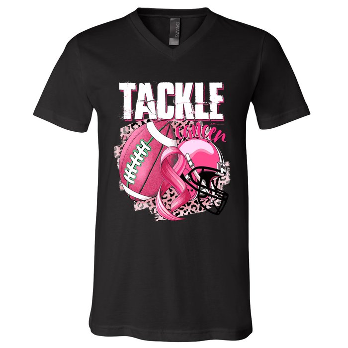 Tackle Breast Cancer Awareness Pink Ribbon Football Boy V-Neck T-Shirt