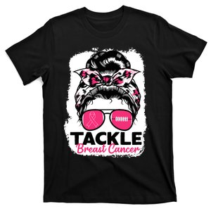 Tackle Breast Cancer Warrior Bleached Football Mom Messy Bun T-Shirt