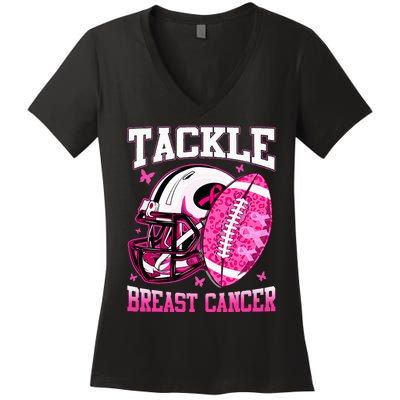 Tackle Breast Cancer Awareness Pink Ribbon Football Women's V-Neck T-Shirt