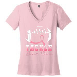 Tackle Breast Cancer Awareness Football Pink Ribbon Women's V-Neck T-Shirt