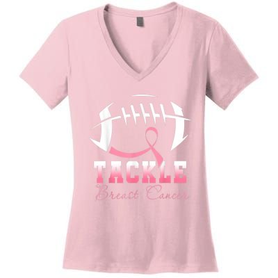 Tackle Breast Cancer Awareness Football Pink Ribbon Women's V-Neck T-Shirt