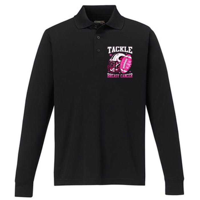 Tackle Breast Cancer Awareness Pink Ribbon Football Performance Long Sleeve Polo