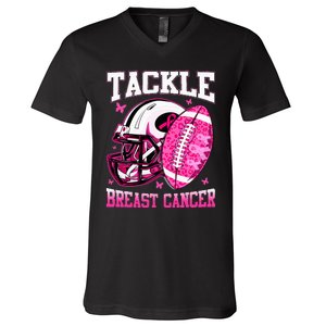 Tackle Breast Cancer Awareness Pink Ribbon Football V-Neck T-Shirt