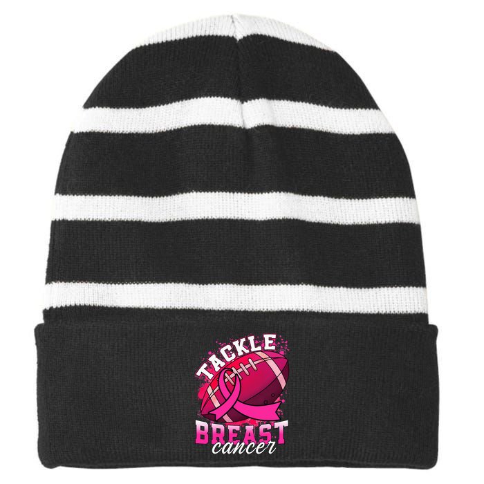 Tackle Breast Cancer Awareness Pink Ribbon Football Striped Beanie with Solid Band