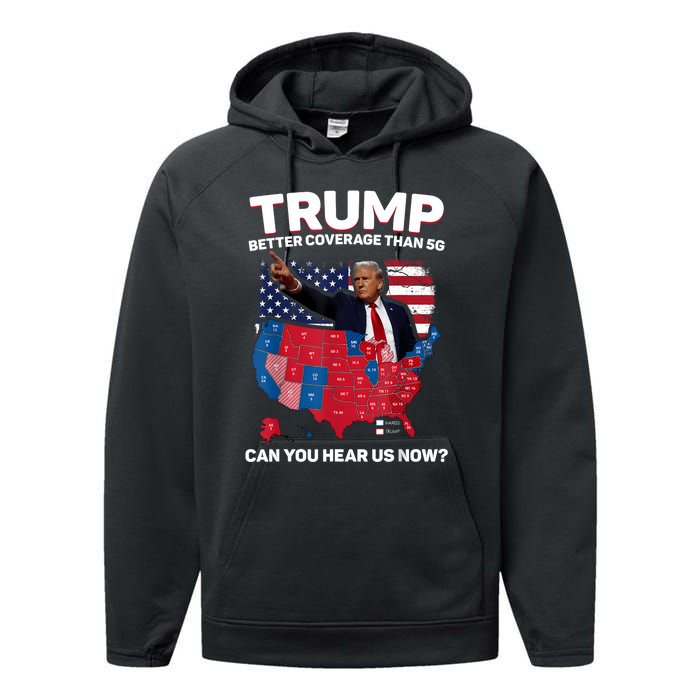 Trump Better Coverage Than 5g Can You Hear Us Now Funny Performance Fleece Hoodie