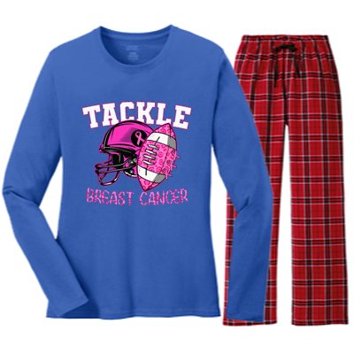 Tackle Breast Cancer Awareness American Footballribbon Women's Long Sleeve Flannel Pajama Set 