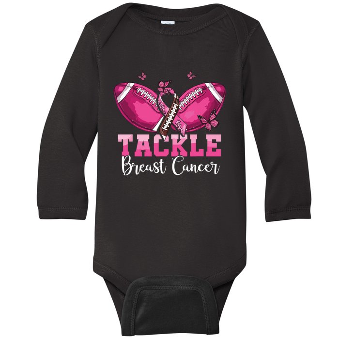 Tackle Breast Cancer Warrior Football Pink Ribbon Boy Teens Baby Long Sleeve Bodysuit