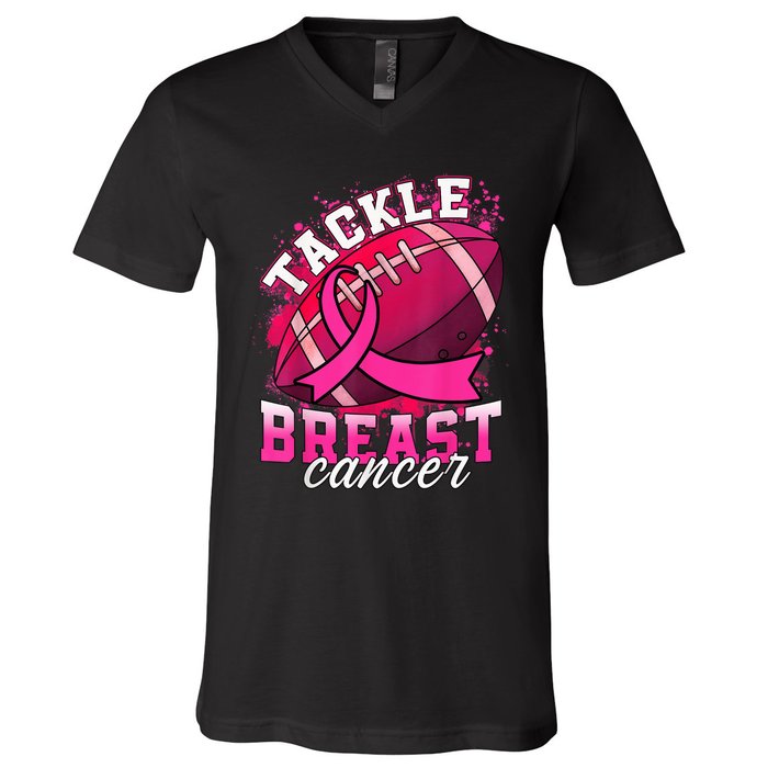 Tackle Breast Cancer Awareness Pink Ribbon Football Boy Kid V-Neck T-Shirt