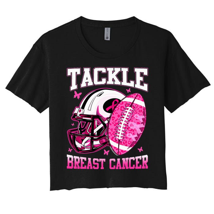 Tackle Breast Cancer Awareness Pink Ribbon Football Kids Women's Crop Top Tee