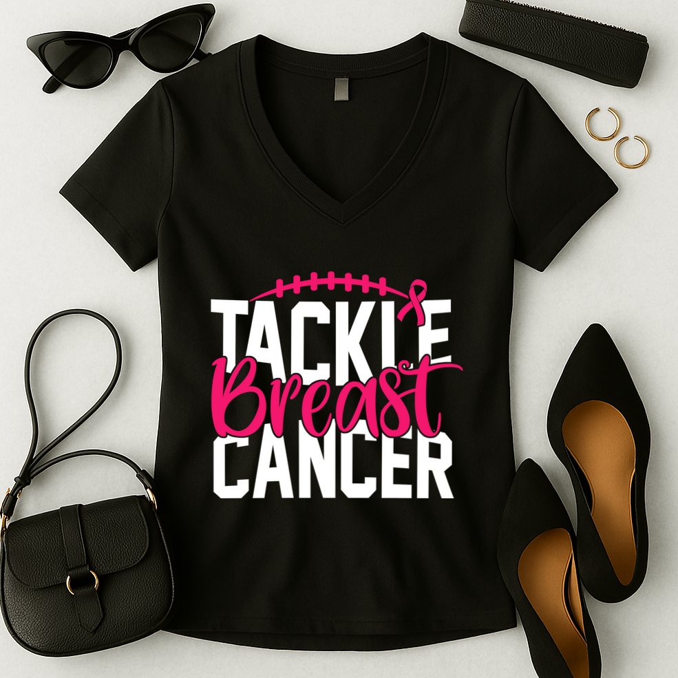 Tackle Breast Cancer Awareness Football Fan Women's V-Neck T-Shirt