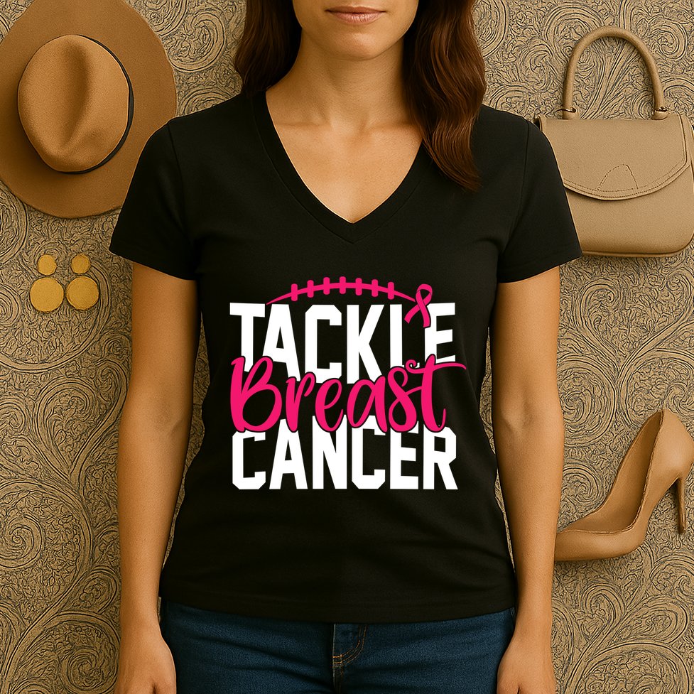 Tackle Breast Cancer Awareness Football Fan Women's V-Neck T-Shirt