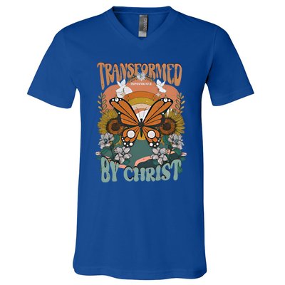 Transformed By Christ Retro Butterfly Ro 13:2 Christian Meaningful Gift V-Neck T-Shirt