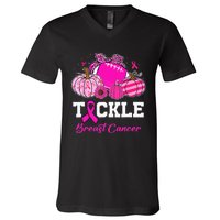 Tackle Breast Cancer Awareness Football Pink Ribbon Pumpkin V-Neck T-Shirt