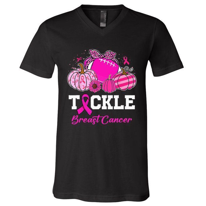 Tackle Breast Cancer Awareness Football Pink Ribbon Pumpkin V-Neck T-Shirt