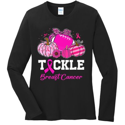 Tackle Breast Cancer Awareness Football Pink Ribbon Pumpkin Ladies Long Sleeve Shirt