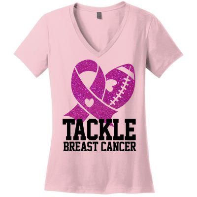 Tackle Breast Cancer Football Ribbon Women's V-Neck T-Shirt