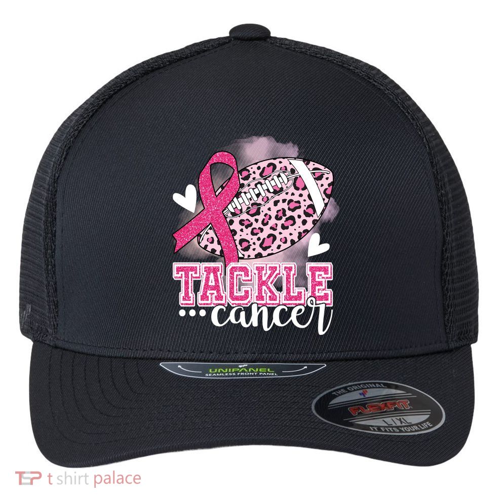 Tackle Breast Cancer Pink Ribbon Football Flexfit Unipanel Trucker Cap