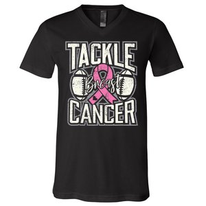 Tackle Breast Cancer Awareness Football Pink Ribbon V-Neck T-Shirt