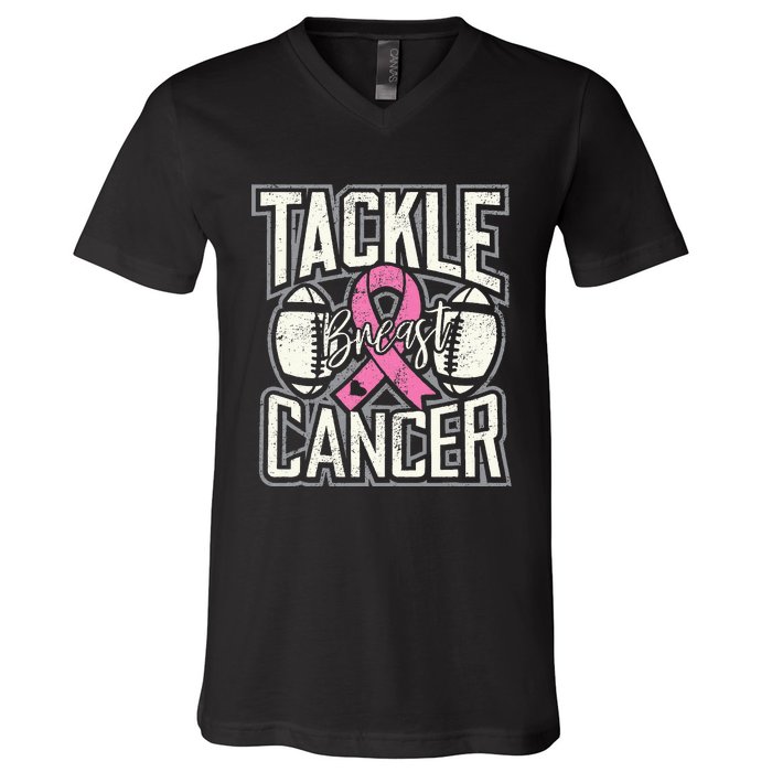 Tackle Breast Cancer Awareness Football Pink Ribbon V-Neck T-Shirt