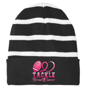 Tackle Breast Cancer Awareness Football Pink Ribbon Striped Beanie with Solid Band