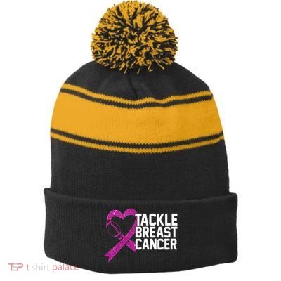 Tackle Breast Cancer Awareness Heart Football Stripe Pom Pom Beanie