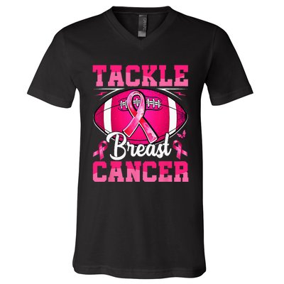 Tackle Breast Cancer Warrior Ribbon Football V-Neck T-Shirt