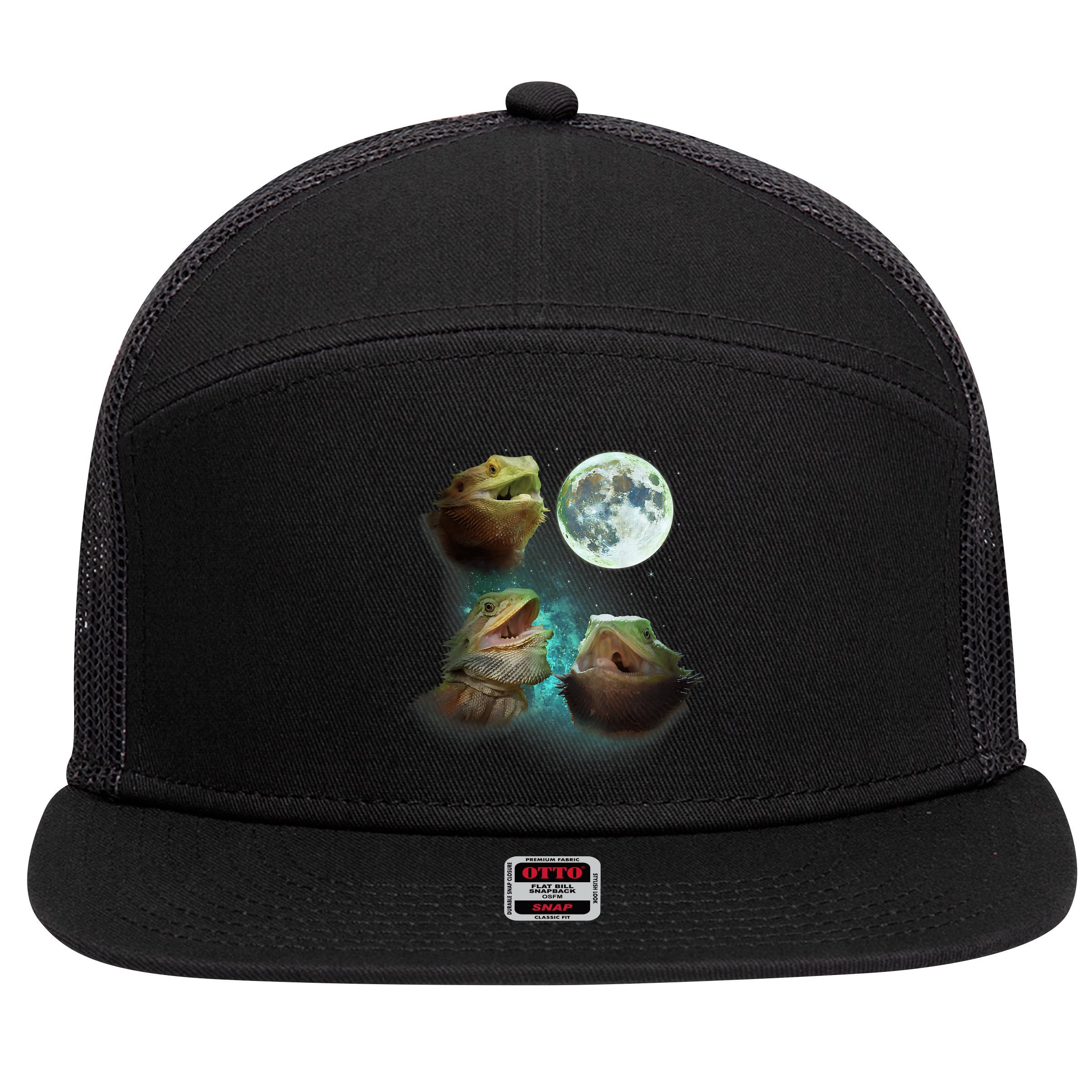 Three Bearded Dragons Howl At Moon 3 Wolfs Wolves Parody 7 Panel Mesh Trucker Snapback Hat