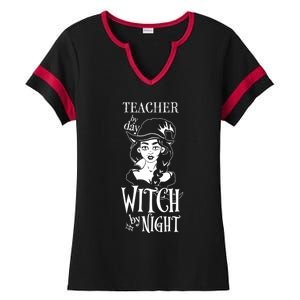 Teacher By Day Witch By Night Gift Ladies Halftime Notch Neck Tee