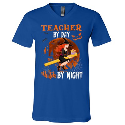 Teacher By Day Witch By Night Witch Teacher School Halloween Gift V-Neck T-Shirt