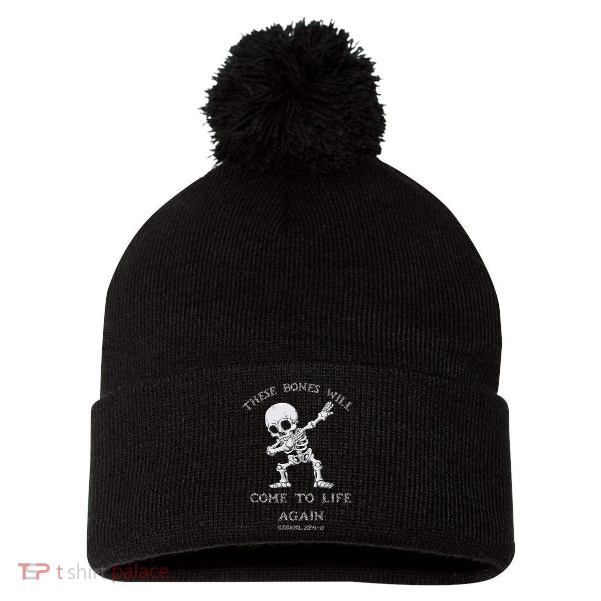 These Bones Ezekiel Christian Halloween Dabbing Skeleton  Pom Pom 12in Knit Beanie