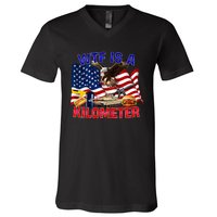 The Bald Eagle American Flag Wtf Is A Kilometer V-Neck T-Shirt