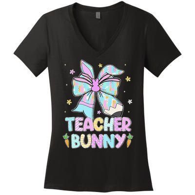 Teacher Bunny Ears Pencil Bow Teacher Life Easter Day Women Women's V-Neck T-Shirt
