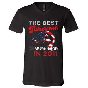 The Best Fishermen Were Born In 2011 Fun 11 Birthday Fishing V-Neck T-Shirt