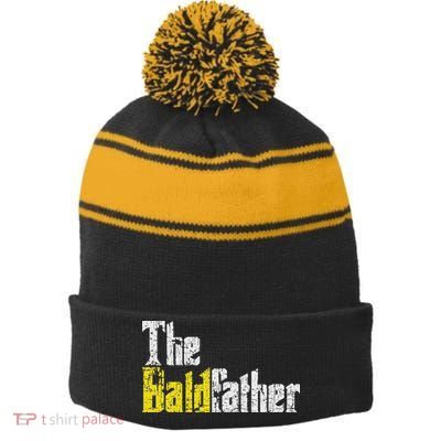 The Baldfather Funny Birthday For Bald Stripe Pom Pom Beanie