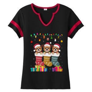 Three Brussels Griffon Dog In Sock Funny Xmas Ladies Halftime Notch Neck Tee