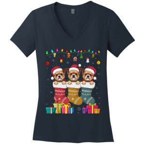 Three Brussels Griffon Dog In Sock Funny Xmas Women's V-Neck T-Shirt