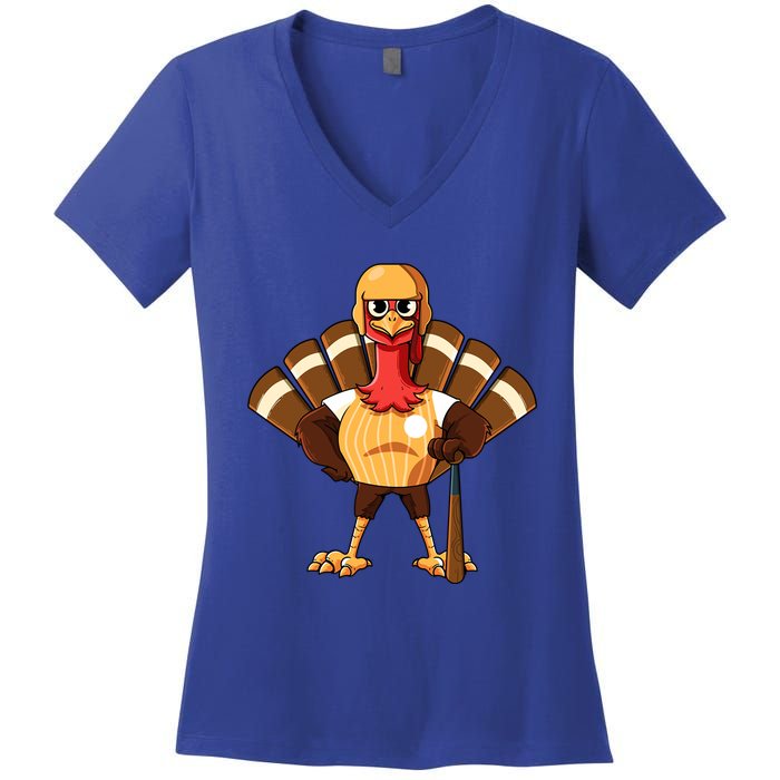 Thanksgiving Baseball Gobble Player Batter Turkey Day Gift Women's V-Neck T-Shirt