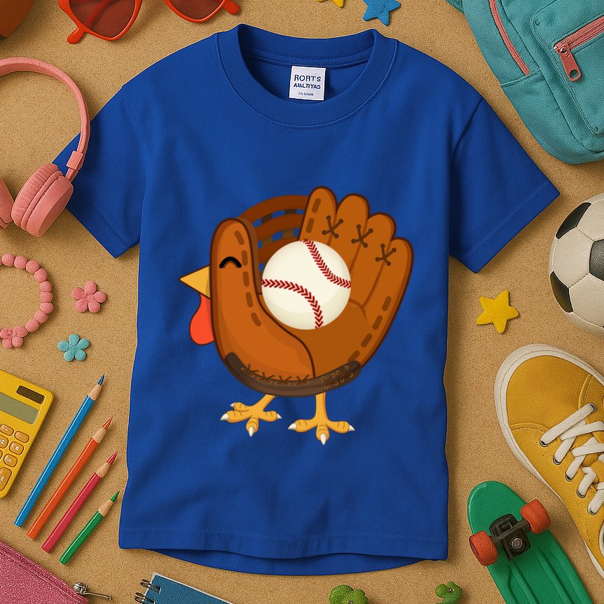 Turkey Baseball Glove Thanksgiving Day Catchers Dads Gift Kids T-Shirt