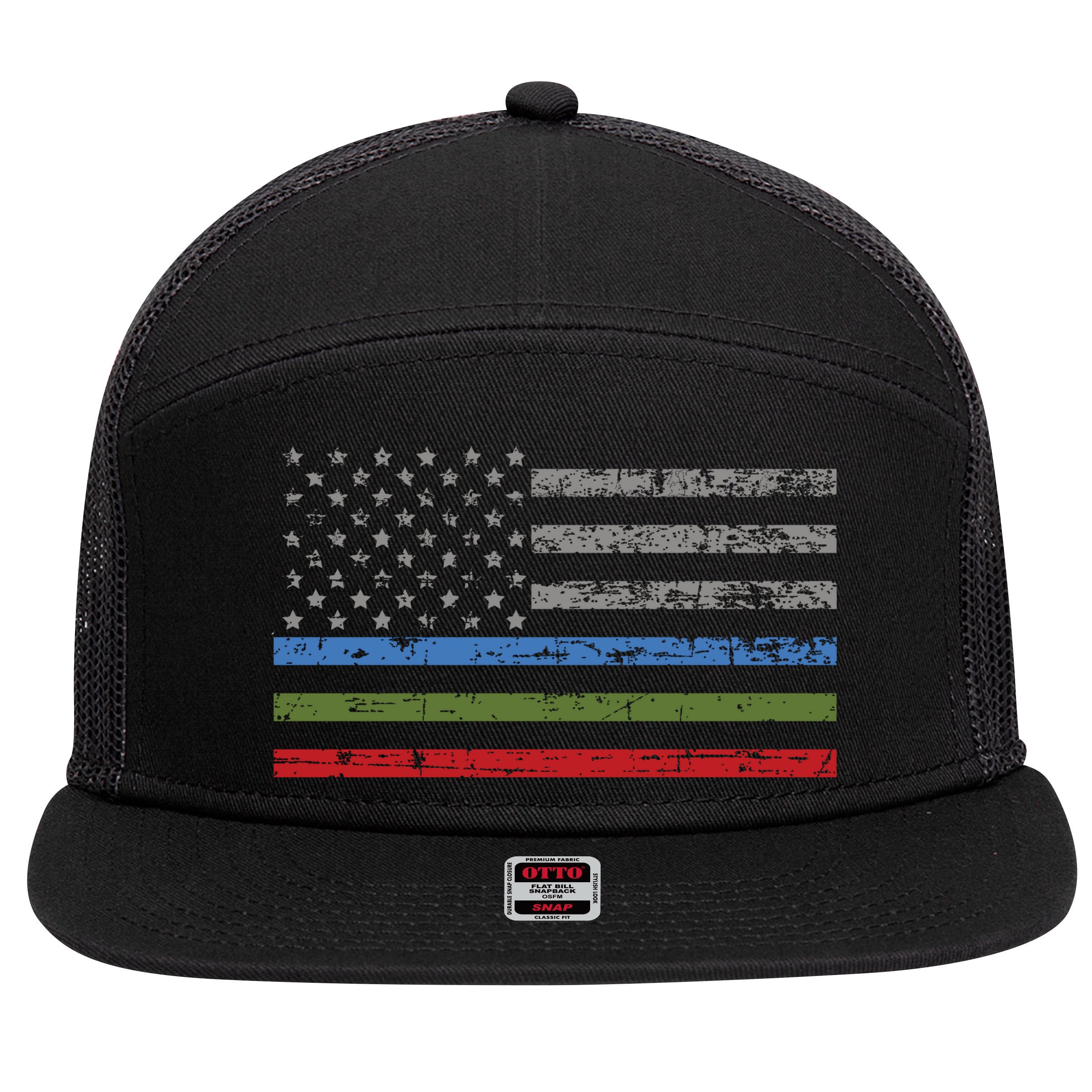 Thin Blue Green Red Line American Flag Support Cute Gift 7 Panel Mesh Trucker Snapback Hat