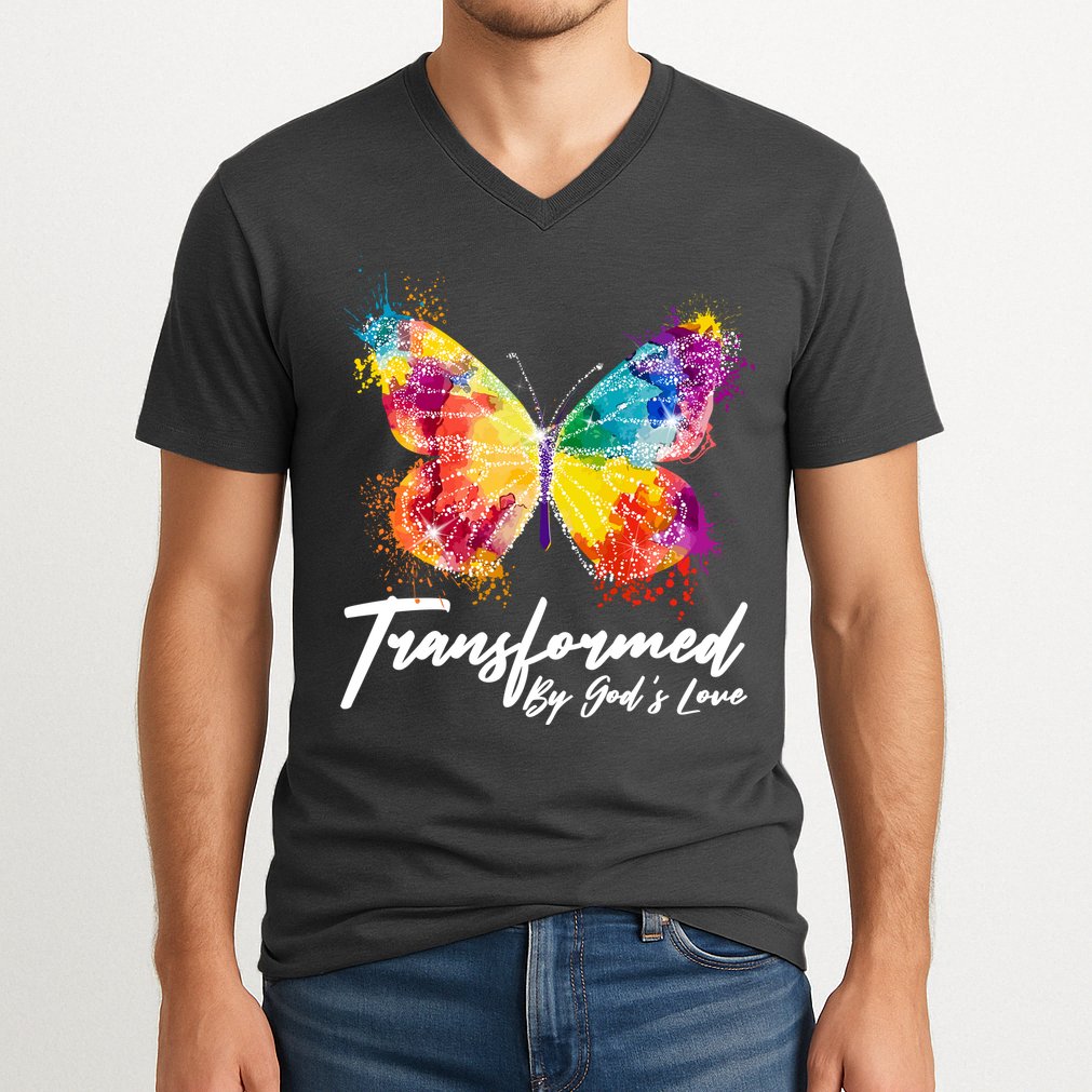Transformed By Gods Love Painted Butterfly V-Neck T-Shirt