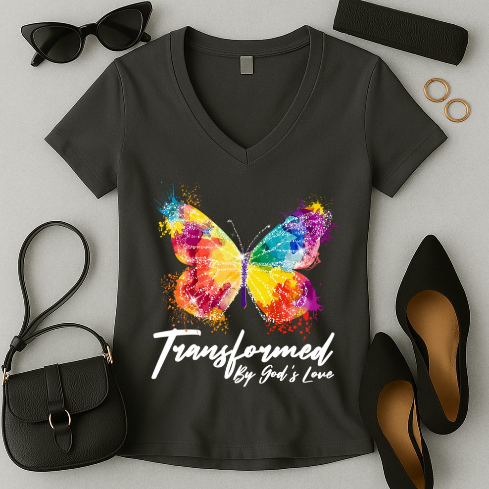 Transformed By Gods Love Painted Butterfly Women's V-Neck T-Shirt