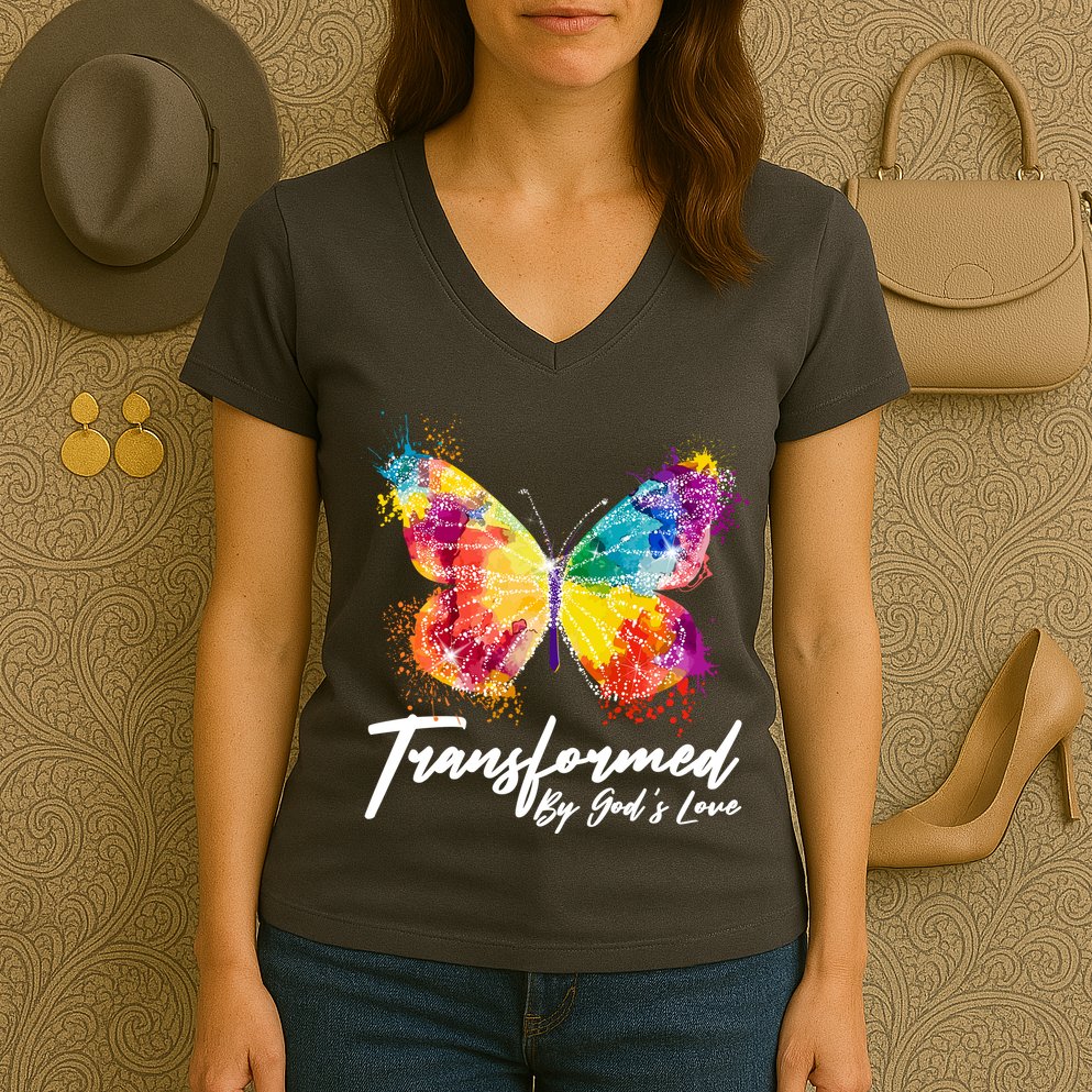 Transformed By Gods Love Painted Butterfly Women's V-Neck T-Shirt