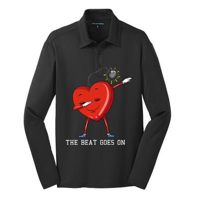 The Beat Goes On Dabbing Heart With Pacemaker Recipient Silk Touch Performance Long Sleeve Polo