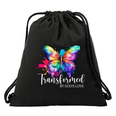 Transformed By Gods Love Colorful Butterfly Drawstring Bag