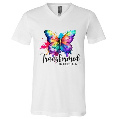 Transformed By Gods Love Colorful Butterfly V-Neck T-Shirt