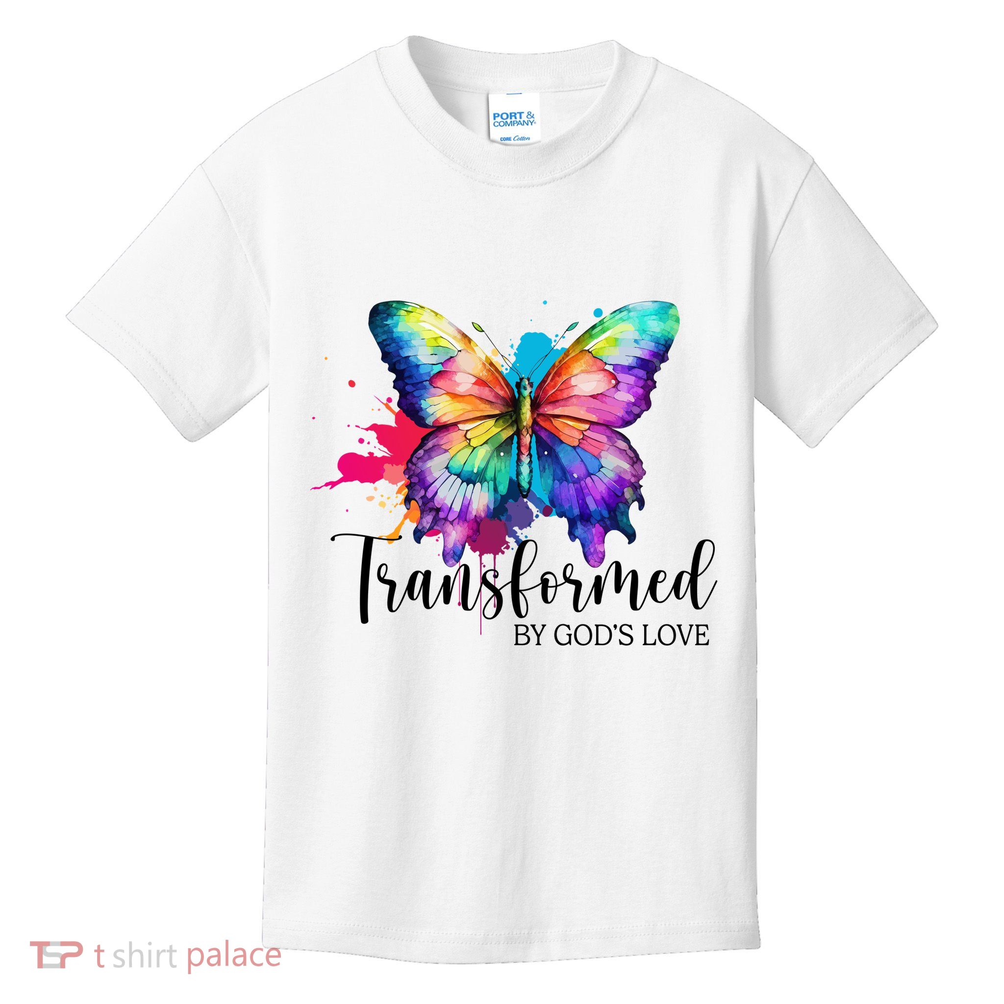 Transformed By Gods Love Colorful Butterfly Kids T-Shirt